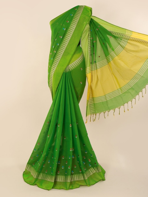 

Pothys Green Embroidered Pure Cotton Saree with Jhalar Pallu