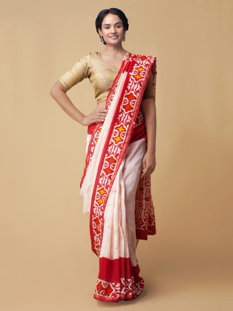 

Unnati Silks Red Silk Cotton Batik Printed Chanderi Saree