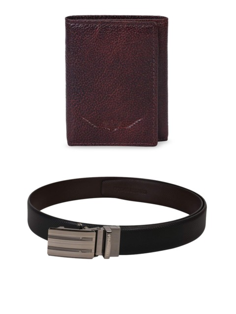 

CHRISTOPOLO Men Black & Brown Leather Wallet & Reversible Belt Combo