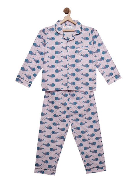 

Fluffalump Kids Lavender-Colour & Blue Whale Printed Night Suit