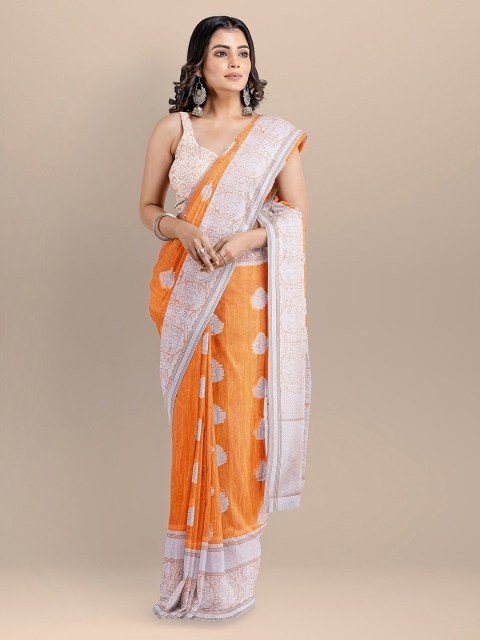 

BharatSthali Orange & White Silk Cotton Woven Design Banarasi Saree