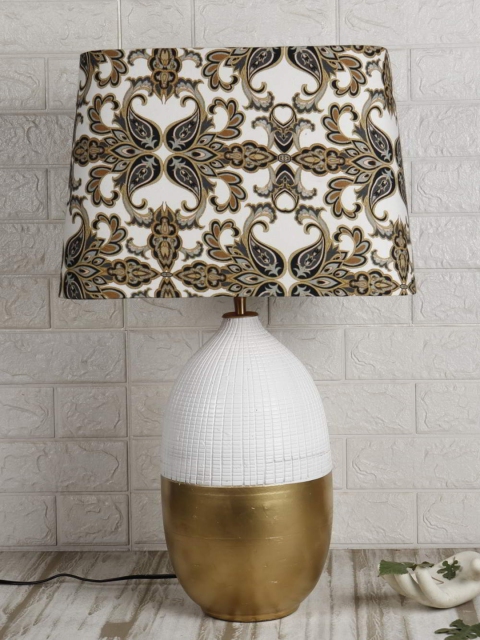 

Grated Ginger White & Gold-Toned Printed Contemporary Bedside Lamp with Shade