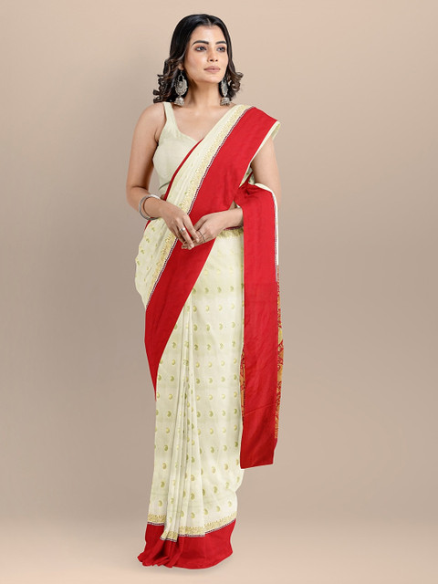 

BharatSthali Off-White & Red Silk Cotton Woven Design Banarasi Saree