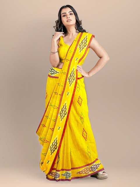 

BharatSthali Yellow Pure Cotton Printed Taant Saree