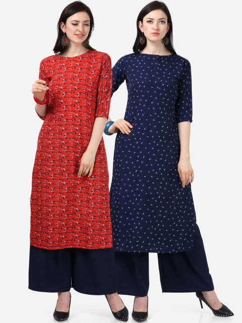 

Florence Women Red & Navy Blue Printed Straight Kurta Pack of 2