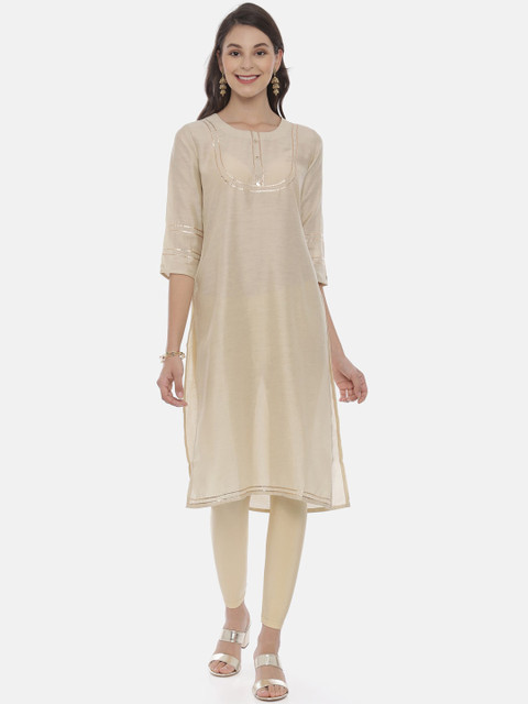 

Neerus Women Beige Embroidered Straight Kurta