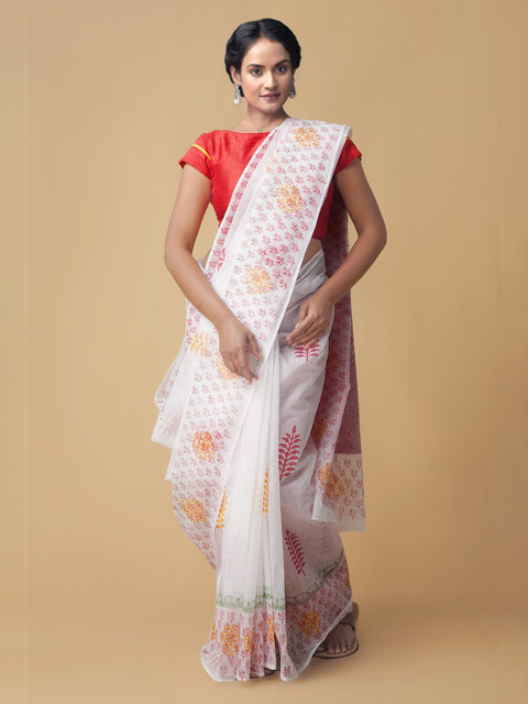 

Unnati Silks White Pure Cotton Dyed Bandhani Saree