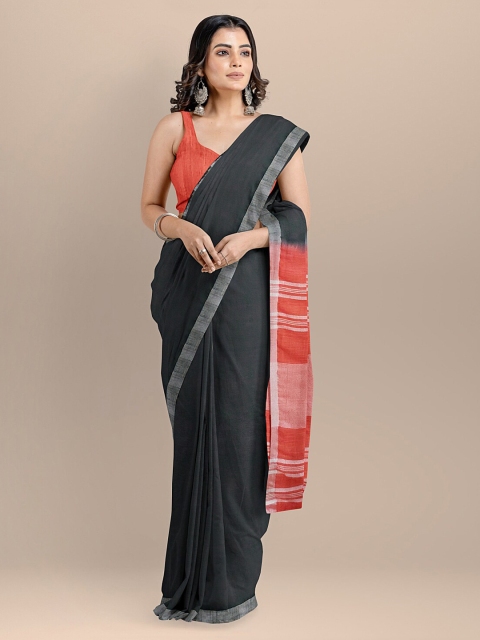 

BharatSthali Black & Red Pure Cotton Solid Mangalagiri Handloom Saree