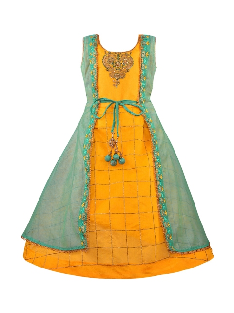 

Wish Karo Girls Yellow Embroidered Maxi Dress with Jacket