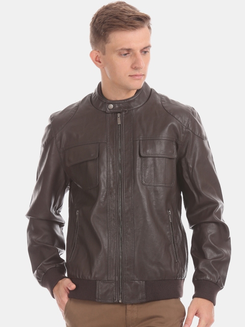 

True Blue Men Brown Solid Biker Jacket