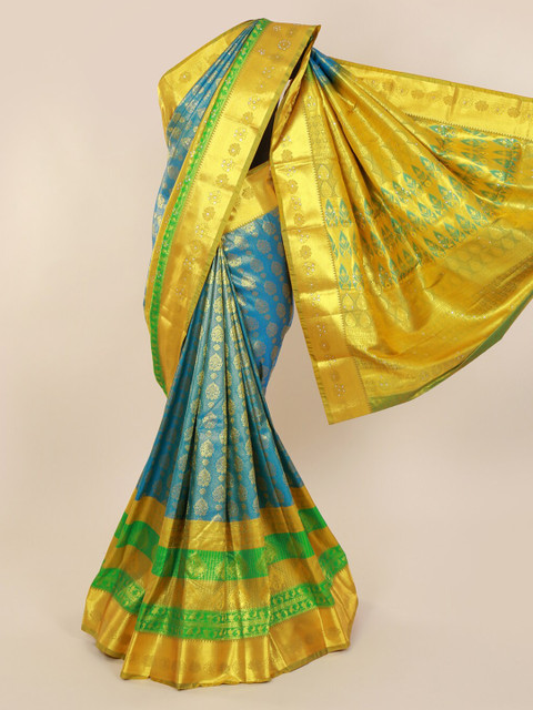

Pothys Blue & Gold-Toned Pure Silk Woven Design Kanjeevaram Saree with Zari Border