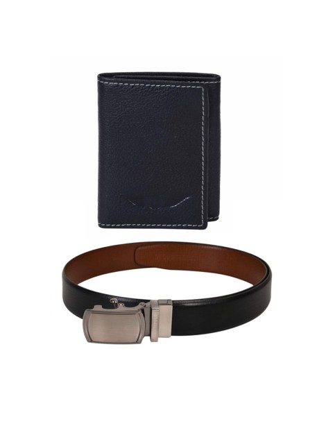 

CHRISTOPOLO Men Black and Brown Leather Wallet & Belt Combo