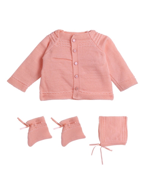 

Little Angels Unisex Kids Peach-Coloured Self Design Cardigan Sweater Set