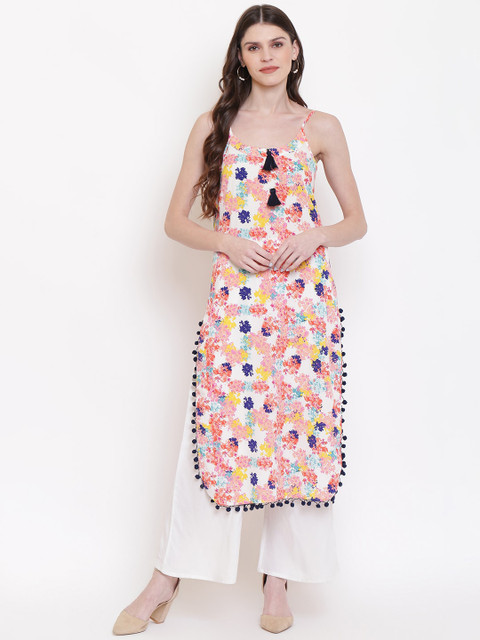 

Napra Women Peach & White Printed Straight Kurta