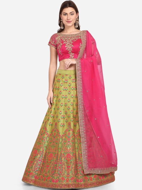 

NAKKASHI Green & Pink Embroidered Semi-Stitched Lehenga & Blouse with Dupatta