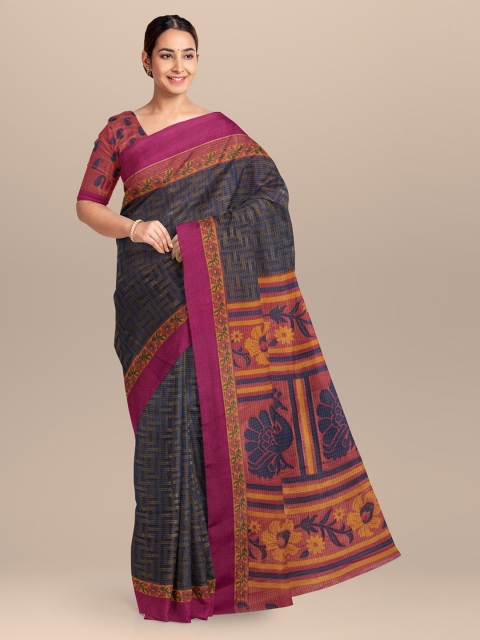 

KLM Fashion Mall Navy Blue & Pink Silk Blend Printed Saree