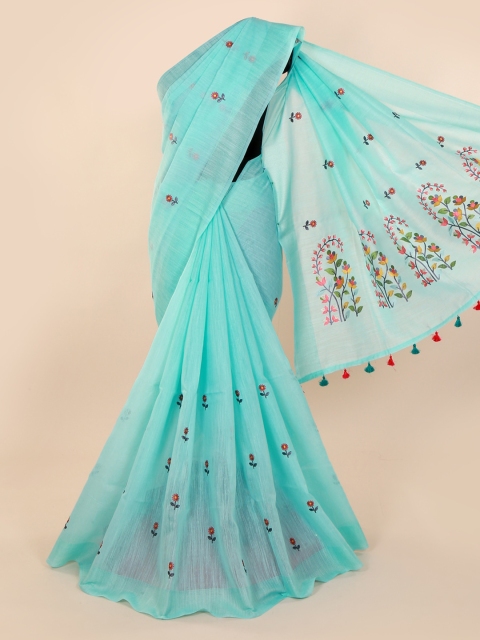 

Pothys Blue Embroidered Pure Cotton Saree with Jhalar Pallu