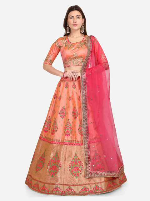 

NAKKASHI Orange & Pink Embroidered Semi-Stitched Lehenga & Blouse with Dupatta