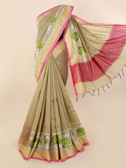 

Pothys Tan & Pink Pure Cotton Embroidered Saree