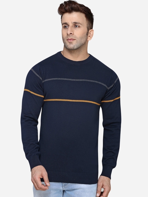 

JADE BLUE Men Navy Blue Striped Round Neck T-shirt