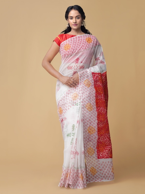 

Unnati Silks White & Red Pure Cotton Checked Kota Saree