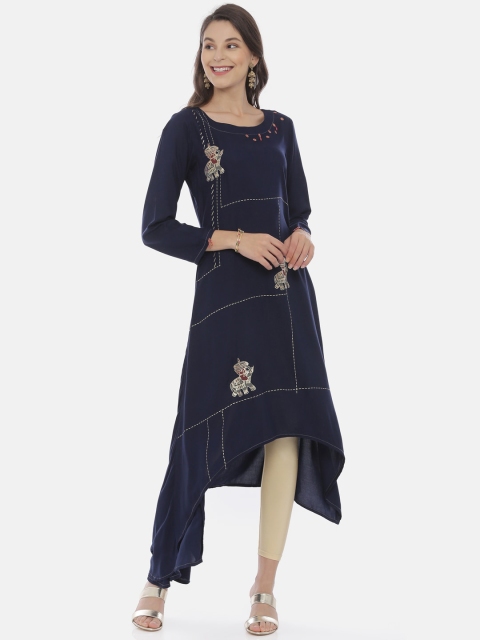 Neerus Women Navy Blue Printed A-Line Kurta