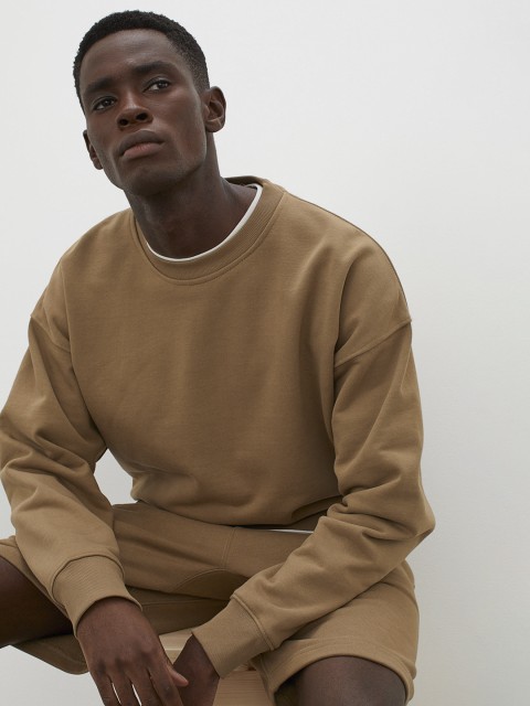 

H&M Men Beige Solid Cotton Sweatshirt