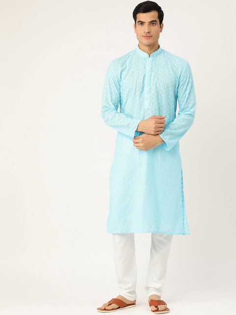 

RAJUBHAI HARGOVINDAS Men Turquoise Blue Embroidered Straight Kurta