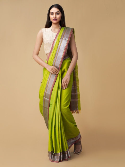 

Unnati Silks Green Cotton Solid Chettinad Handloom Saree