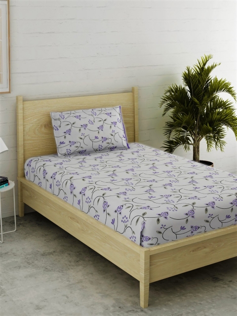 

EverHOME White & Purple Floral 144 TC Cotton 1 Single Bedsheet with 1 Pillow Covers