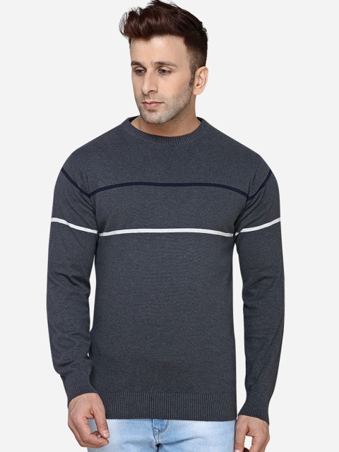 

JADE BLUE Men Grey Striped Round Neck T-shirt