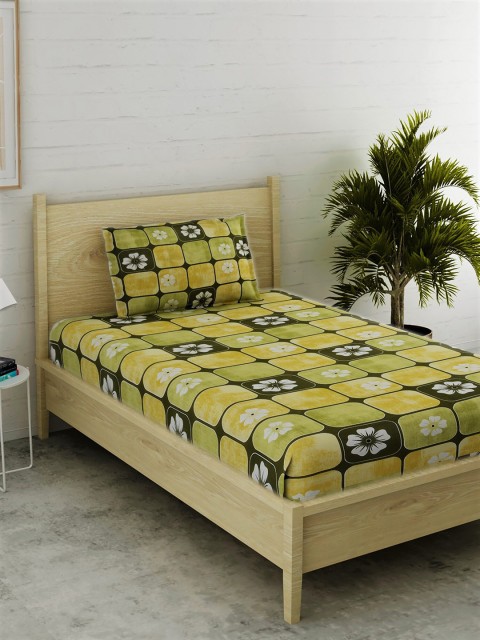 

EverHOME Green & White Floral 144 TC Cotton 1 Single Bedsheet with 1 Pillow Cover