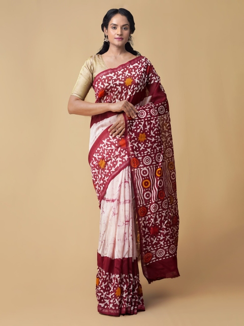 

Unnati Silks Red & Off-White Silk Cotton Batik Printed Chanderi Saree
