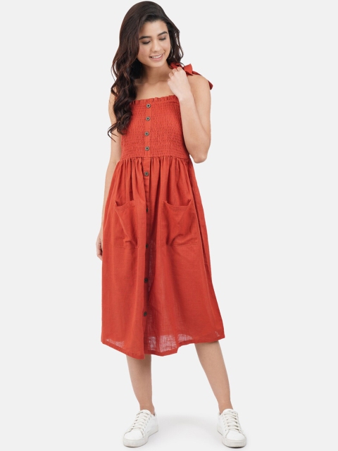

JAAIVE Women Rust Solid A-Line Sleeveless with Smoking Design Dress