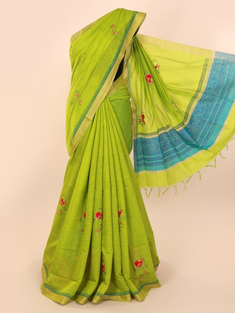 

Pothys Green Embroidered Pure Cotton Saree with Jhalar Pallu