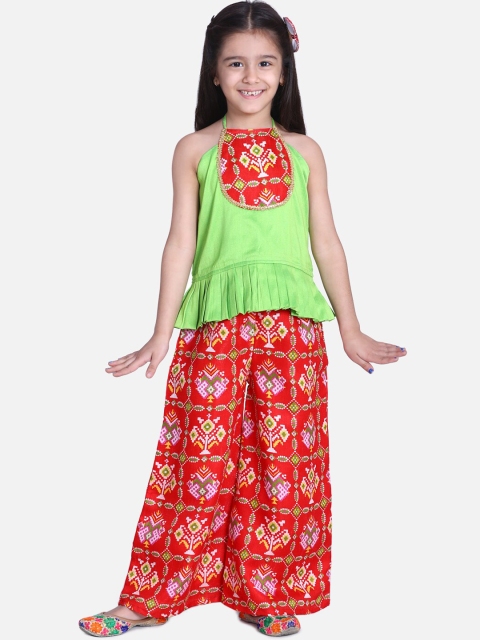 

BownBee Girls Red & Green Printed Patan Patola Grecian Neck Top with Palazzos
