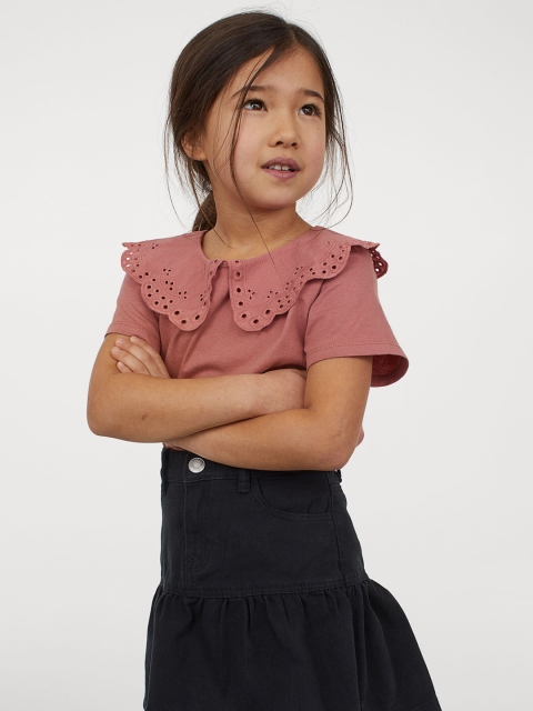 H&M Girls Pink Solid Cotton Collared Jersey Top