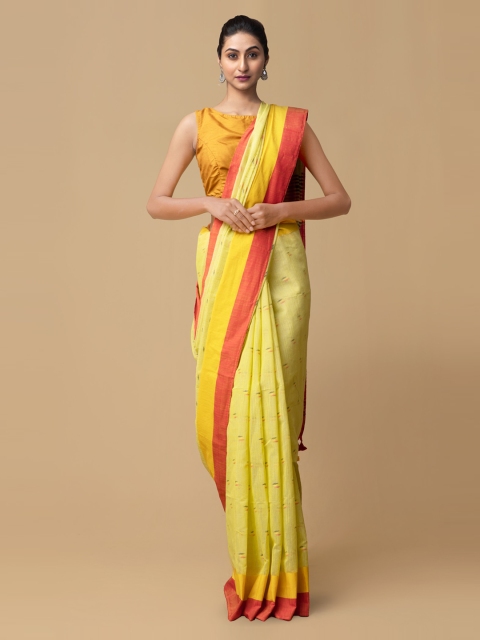 

Unnati Silks Yellow & Red Pure Linen Woven Design Jamdani Handloom Saree