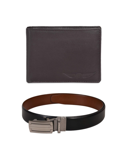 

CHRISTOPOLO Men Black & Brown Leather Wallet & Reversible Belt Combo