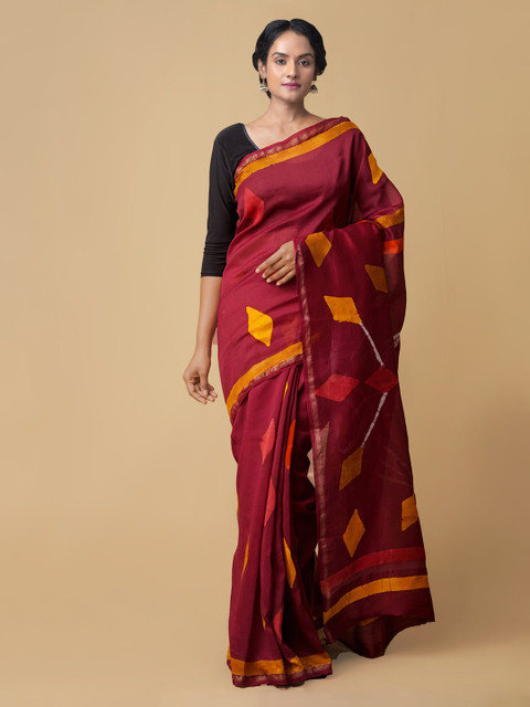 

Unnati Silks Red & Yellow Silk Cotton Printed Chanderi Saree