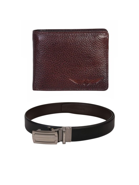 

CHRISTOPOLO Men Black & Brown Textured Wallet & Reversible Belt Combo