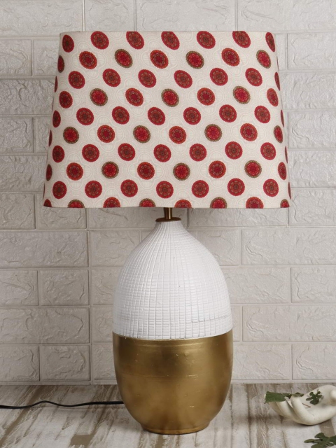 

Grated Ginger White & Gold-Toned Printed Contemporary Bedside Lamp with Shade