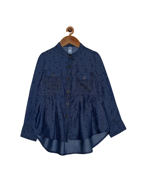 

KiddoPanti Girls Navy Blue Printed Cotton Shirt Style Top