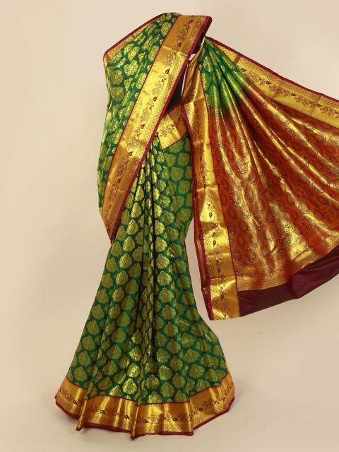 

Pothys Green & Gold-Toned Pure Silk Woven Design Kanjeevaram Saree with Zari Border
