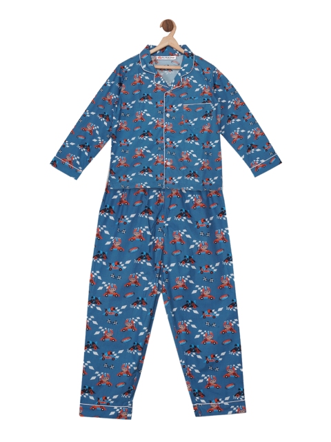 

Fluffalump Unisex Kids Blue & Red Printed Night Suit