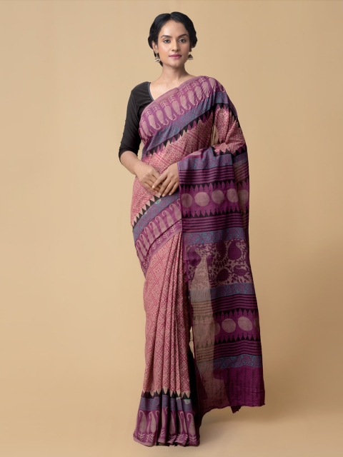 

Unnati Silks Pink Pure Cotton Printed Block Print Saree