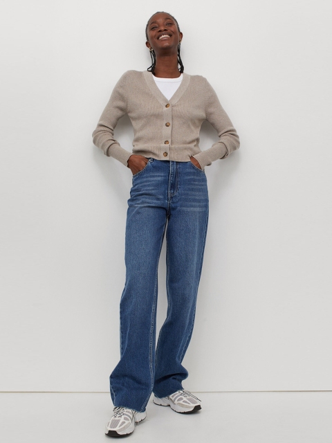 

H&M Women Beige Solid Rib-Knit Sustainable Cardigan