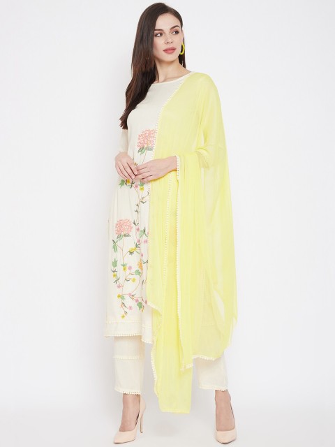 

Prakhya Women Off-White Embroidered Kurti with Trousers & Dupatta