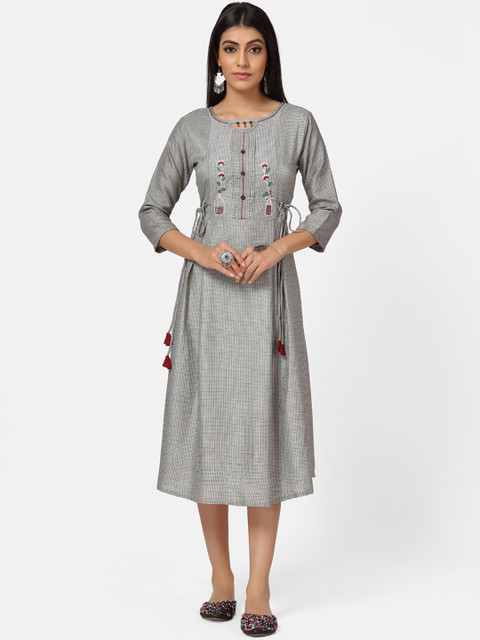 

Kiana Women Grey Checked Fit and Flare Dress