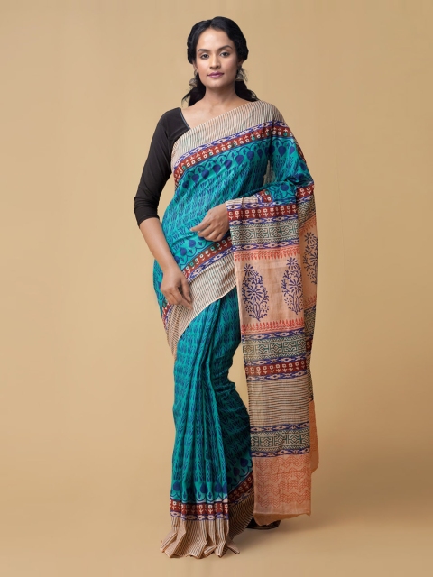 

Unnati Silks Women Blue Pure Hand Block Printed Mulmul Cotton Sustainable Saree